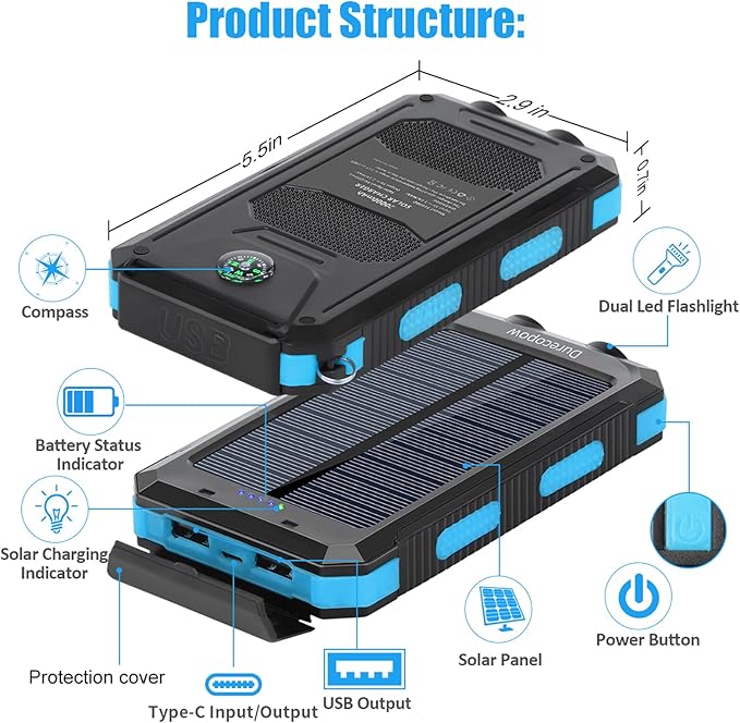 Solar Charger Power Bank, 20000mAh Portable Outdoor Waterproof Solar Battery Charger, Camping External Backup Battery Pack USB C Ports Input/Output, 2 Led Light Flashlight with Compass (Blue)