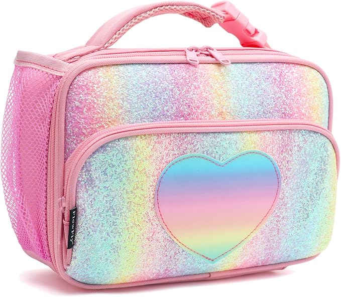 FlowFly Kids Lunch box Insulated Soft Bag Mini Cooler Back to School Thermal Meal Tote Kit for Girls, Boys,Glitter-RainBow