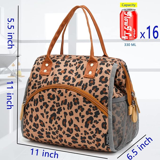 FlowFly Insulated Lunch Bag Wide-Open Lunch Box Large Tote Leakproof Cooler with Drink Holder and Multi Pockets for Women Men Adult Kids Work Picnic Travel Beach Hiking, Leopard