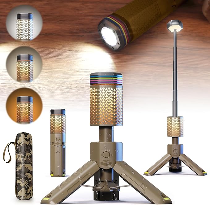 Camping-Lights-Rechargeable,Outdoor Telescopic-Collapsible-Lanterns with 2 Light Sources Mobile Lighting 10500mAh Battery Flash Light & Road Lamp for Adventure/Hiking/Camping/Live Streaming(Khaki)