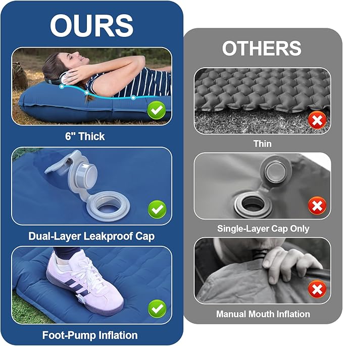 Double Sleeping Pad Camping, 6" Extra Thick Camping Pad with Pillow Built-in Foot Pump Waterproof Inflatable Sleeping Mats for Camping, Backpacking, Hiking,Traveling Tent