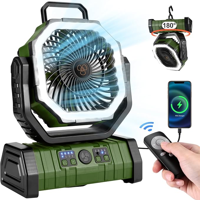 Odoland 30000mAh Camping Fan with LED Lantern, Rechargeable Battery Operated Oscillating with Remote Hook Stroage Bag, Portable Tent Fan with Timer, 4 Speeds for Outdoor RV Jobsite Power Outage, Green