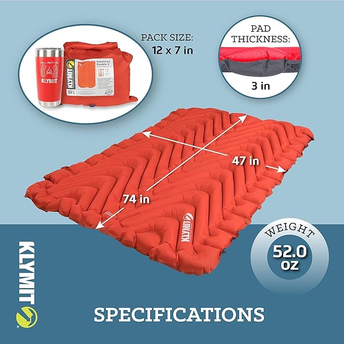 Klymit Insulated Double V Inflatable Sleeping Pad for Camping, Lightweight Hiking and Backpacking Air Bed for Cold Weather,Red & Static V Sheet, Sleeping Pad Cover, Green/Gray, Double