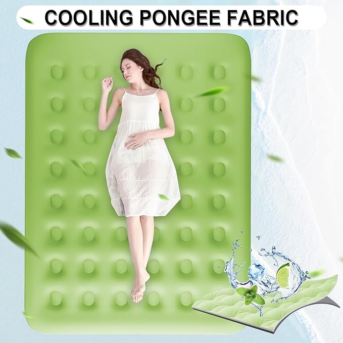 Queen Air Mattress with Built-in Battery Pump, All Luxury Cooling Pongee Fabric Material, Waterproof & Leakproof Air Mattress Queen, Portable Foldable Guest Bed (18", Green)