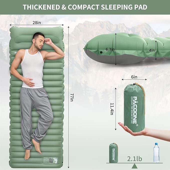 Extra Thick 4 Inch Camping Sleeping Pad, Splicable Ultralight Sleeping Pad with Pillow, Built-in Foot Pump, Lightweight Sleeping Mat for Camping Backpacking, Hiking, Tent (Green)