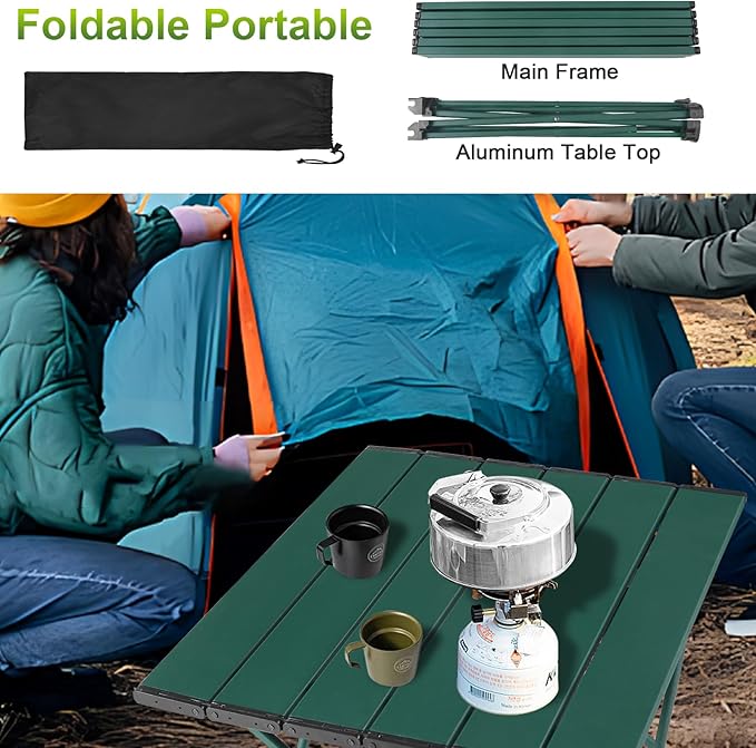 Tesouro Portable Camping Table,Folding Side Table Aluminum Top for Outdoor Cooking, Hiking, Travel, Picnic (Blackish Green, Large)