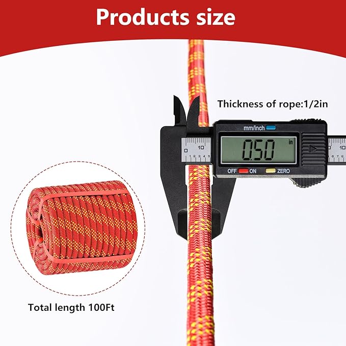 Arborist Rigging Rope - Red 1/2 in x 100 Ft Static Bull Rope for Climbing Tree Felling Pulling Various Outdoor Applications Construction Swing Sailing