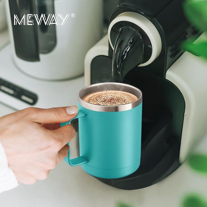 MEWAY 12oz Coffee Mug With Handle and Sliding Lid,Stainless Steel Travel Tumbler Cup with Handle,Double Wall Vacuum Insulated Camping Cup for Hot & Cold Drinks Tea (Light Green,Set of 1