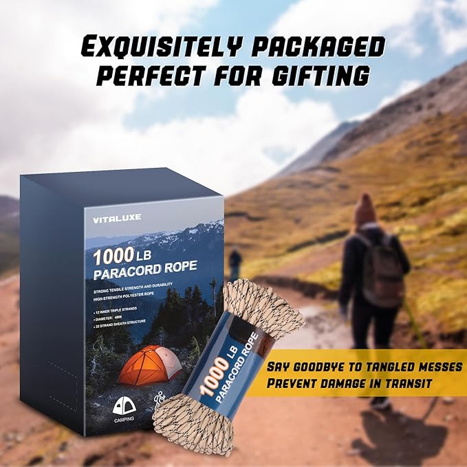 1000lb Paracord Rope, 4mm 12 Triple Strands Paracord, Heavy Duty Tactical Parachute Cord for Survival Gear, Camping, Hiking, and Ideal for Bracelets, Lanyards, Type III