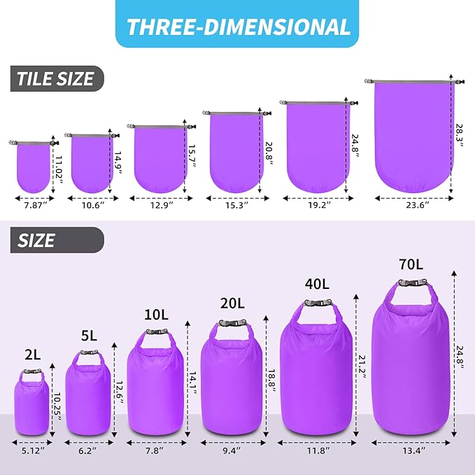 Dry Bag Set, Waterproof Small Lightweight Dry Bags for Paddle Board Kayaking, Fishing, Camping (Purple, 40L 2Pack)