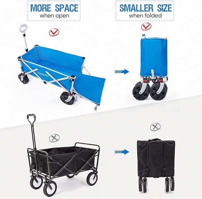 300lbs Extra Long 49" L Beach Wagon with Big Wheels for Sand, Collapsible Utility Beach Cart Heavy Duty Folding Wagon,Ideal for Outdoor Sand Camping Garden Pet