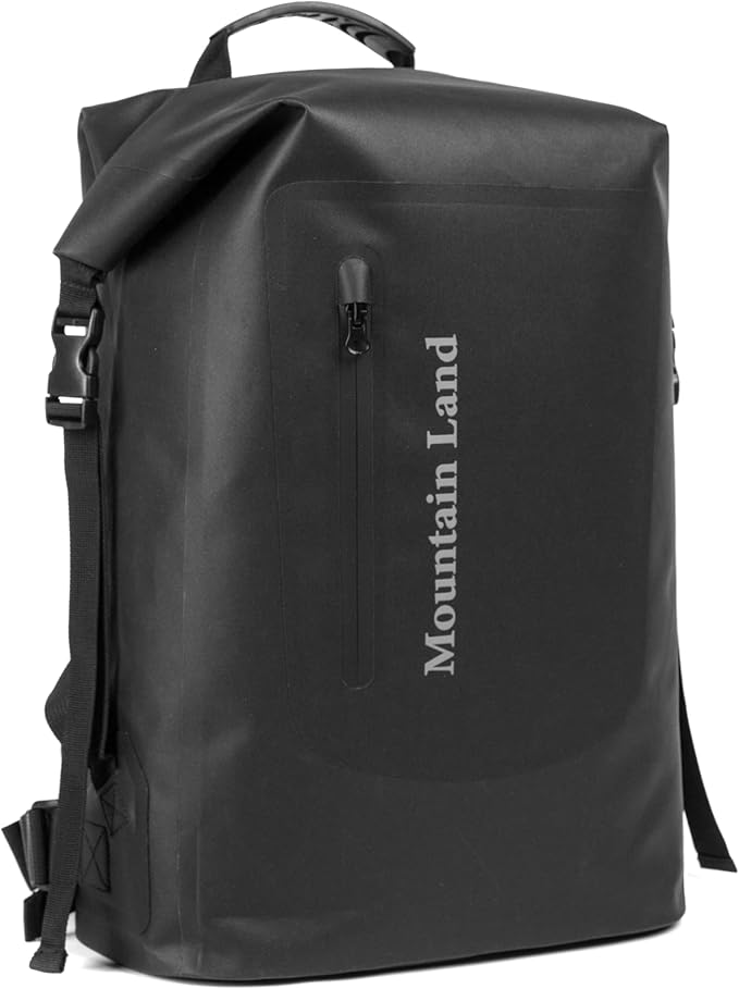 Mountain Land Waterproof Backpack Made of Composite TPU, Roll-Top Closure Dry Bag with Front-Zippered Pocket Cushioned Padded Back Panel Black 30L