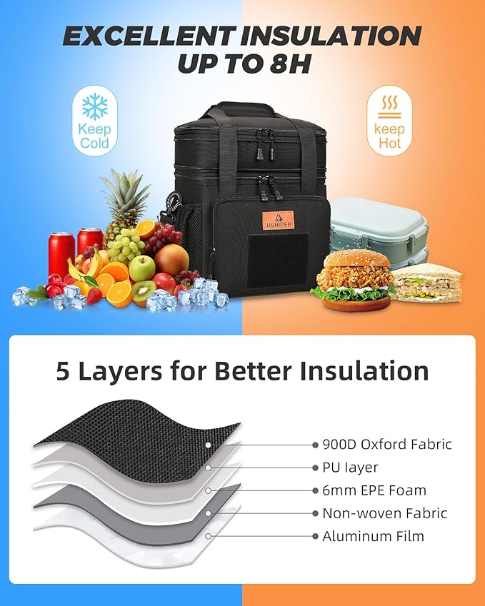 HSHRISH Expandable Xlarge Tactical Lunch Box for Adults, Leakproof Insulated Lunch Bag with Lots of Storage Space, Durable Cooler Bag for Men Women Work Outdoor Picnic Trips, 22L(Black)