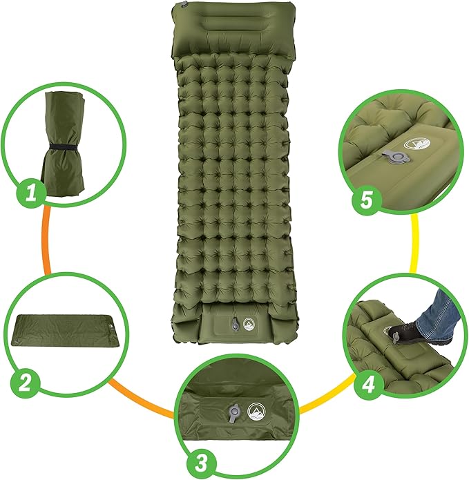 Wakeman Sleeping Pad for Camping - Inflatable Mat with Built-in Foot Pump - Waterproof Camp Mattress - Camping Gear Must Haves Outdoors (Olive)