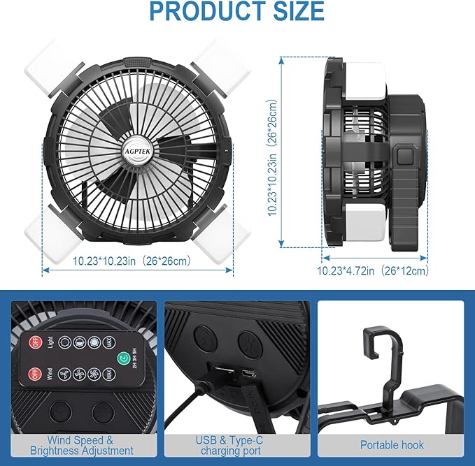 AGPTEK Portable Outdoor Fan - 8000mAh Rechargeable Battery with LED Light Lantern & Hook, Ideal for Picnics, BBQ, Fishing, Travel & Camping