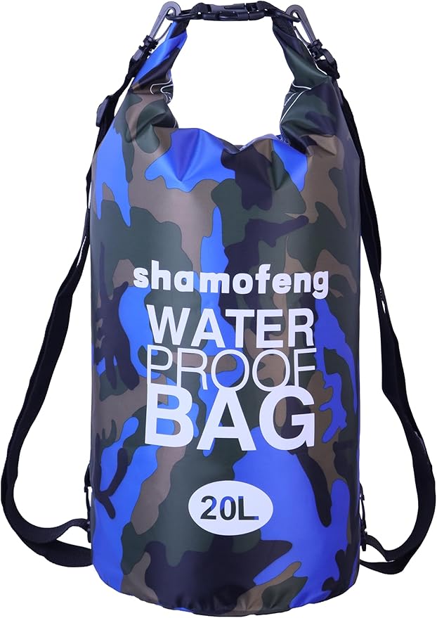 Waterproof Dry Bag Combo 5-30L Roll Top Dry Storage Bag Backpack for Kayaking Boating Beach Camping Travel Fishing, w/Phone Case & Collapsible Water Bottle & Sunglasses & Ear Band,Blue 20L