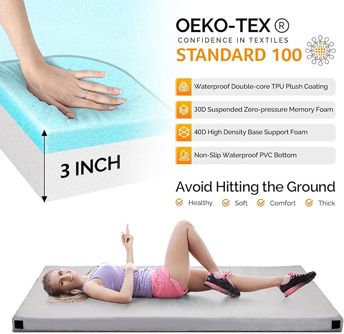 VINGLI 3 "Memory Foam Sleeping Pad Camping Mattress, Portable Floor Mattress Sleeping Mat Bed Roll Up for Guests Adult with Pillow & Phone Pocket