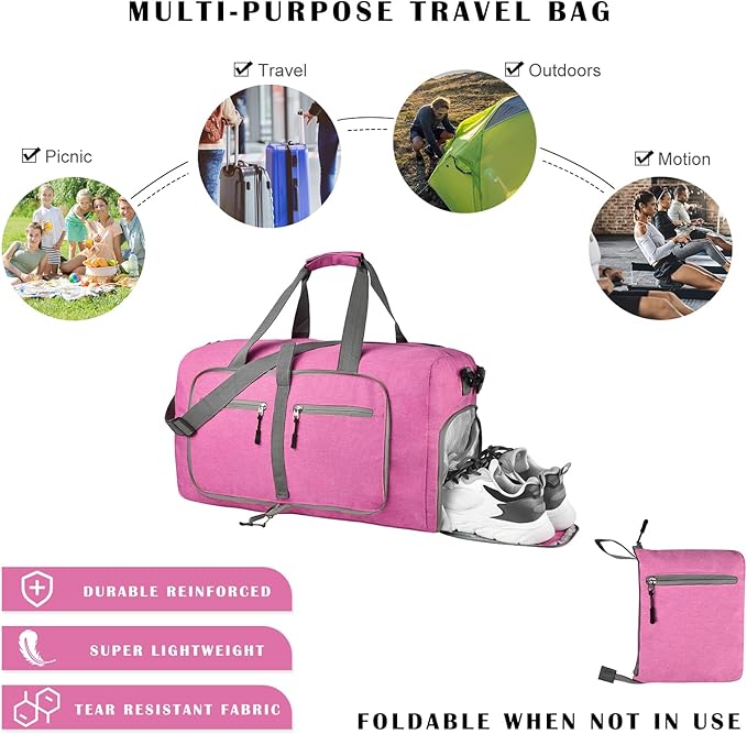 Dimayar 115L Travel Duffle Bag for Men Women - Foldable Duffel Bag with Shoes Compartment - Overnight Bags Waterproof & Tear Resistant(Rouge Pink)