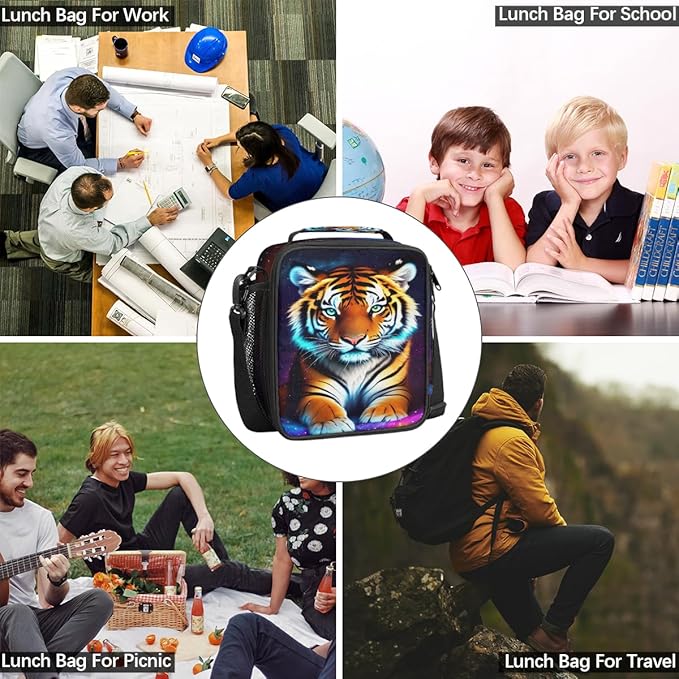 Galaxy Colorful Tiger Insulated Lunch Bag for Girls Boys Teen Cute Tiger Reusable Lunch Box with Shoulder Strap Freezable Thermal Cooler Bag Meal Prep Boxs for School Travel Picnic Beach Lunch Pail