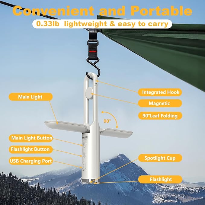 Rechargeable Camping Lantern with Hook - Powered LED Tent Light for Outdoor, Emergency Survival Gear, Hanging Flashlight, Head Lamp