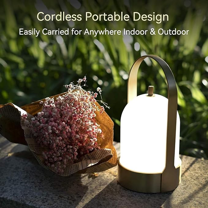 Tubicen Portable Outdoor Battery Operated Lantern Table Lamp Waterproof, 4000mAh Cordless Rechargeable 4 Levels Touch Dimmable Brass Table Lamp, LED Night Light for Patio Camping Dining Room Bedroom