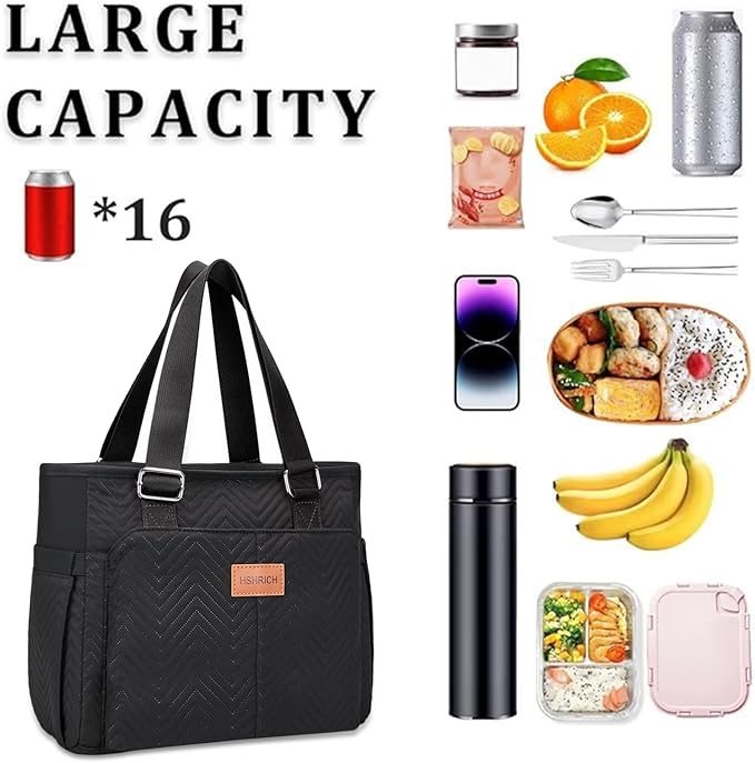 Large Women's Insulated Lunch Bag, Black, 12L, Composite and Aluminum