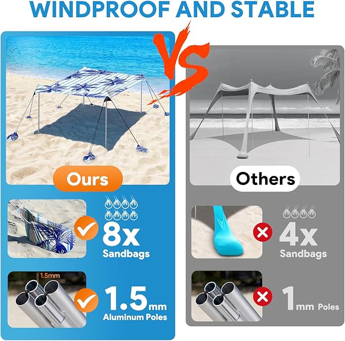 Beach Tent Sun Shelter, 10 x 10 FT Beach Canopy Tent Sun Shade, UPF50+ Beach Tent Canopy with 8 Sandbags & 4 Stability Poles, Outdoor Beach Tent for Beach Camping Fishing, Coconut Tree