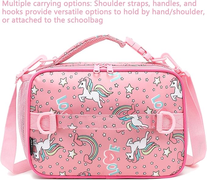 FlowFly Kids Lunch Bag, Durable Insulated School Lunch Box with Shoulder Strap and Bottle Holder, Water-resistant Thermal Small Lunch Cooler Tote for Teen Boys & Girls,Red#Uincorn