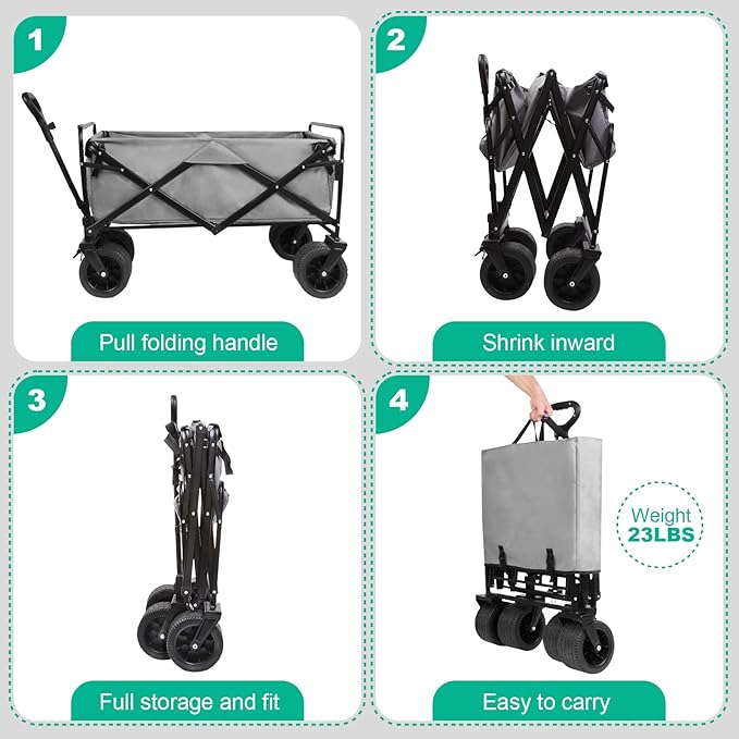 MMQ Heavy-Duty Folding Wagon with 550lbs Weight Capacity, Collapsible Wagon with Big Wheels - Robust Construction, Spacious Interior, Adjustable Rolling Carts, Outdoor Folding Camping Wagons, Portable