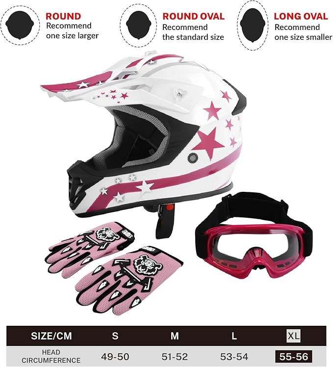 TCT-MOTORPARTS DOT Youth Kids Four Wheeler Girls Riding Helmet Motocross ATV Helmets Offroad Street Dirt Bike Go-Kart BMX MX Full Face Helmet Pink Star X-Large Size