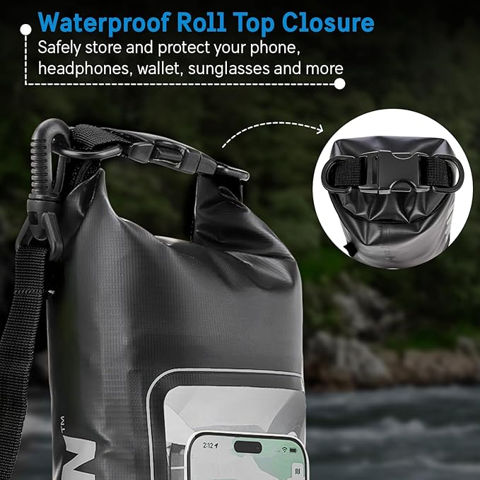 Pelican Marine IP68 Waterproof Dry Bag 2L - Roll Top Waterproof Backpack w/ Phone Case / Pouch - Boating & Kayak Accessories - Essentials for Camping Swimming Beach Fishing Rafting Travel - Black
