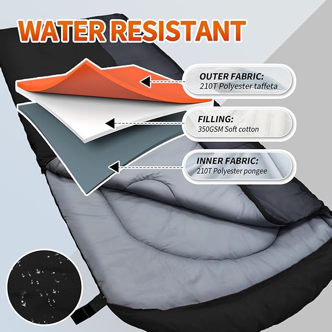 XL 10 Degree Sleeping Bags Waterproof for Adults 350GSM Machine Washable with Compression Sack for 3-4 Season Camping Outdoor