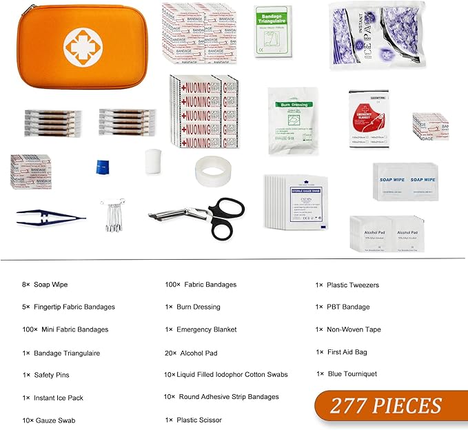 First Aid Kit Emergency Kit Camping Essentials Car-Home Orange First-Aid Bag - 277 Piece Emergency Supplies Hiking First Aid Kit for Backpack Survival Kits for Disaster Preparedness YIDERBO