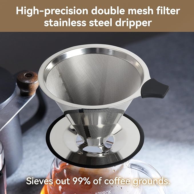 Pour Over Coffee Dripper Filter: Reusable Stainless Steel Coffee Filters - Metal Cone Filter Paperless Single Cup Coffee Maker 1-2 Cup with Double Mesh & Non-slip Cup Stand Sliver