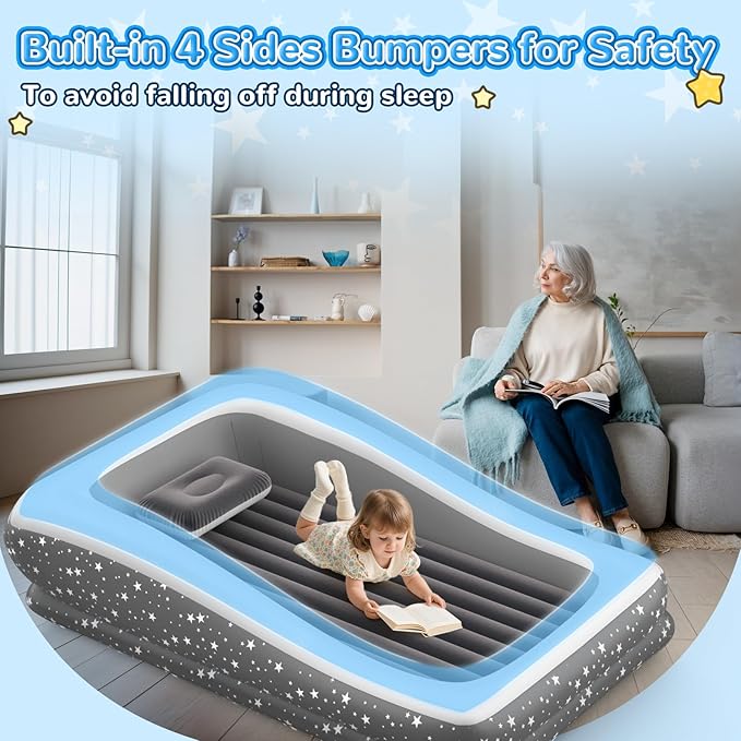 Inflatable Toddler Travel Bed: Portable & Safety - Blow Up Toddler Bed Travel with 4 Sides - Kids Air Mattress Ideal for Outdoor Camping - Easy to Inflate Deflate and Clean