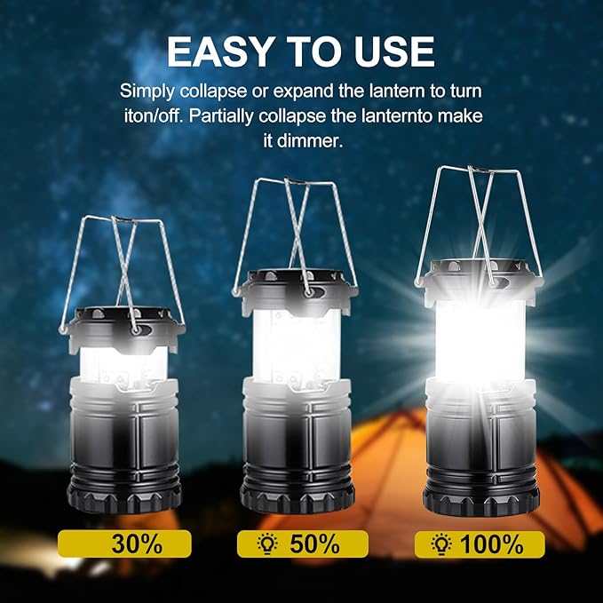 Lantern Camping Essentials Lights, Led Flashlight for Power Outages, Tent Lights for Emergency, Survival Gear and Supplies for Hurricane, Battery Operated Lamp, 4 Pack, Black