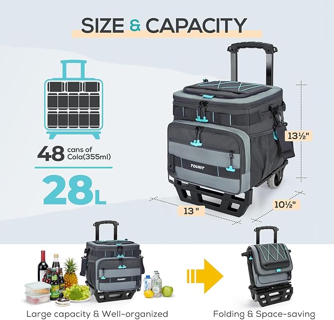 TOURIT Collapsible 48-Can Leak-Proof Insulated Rolling Cooler with All-Terrain Cart, Upgraded Fixtures and New Wheels Suitable for Beach, Picnic, Shopping