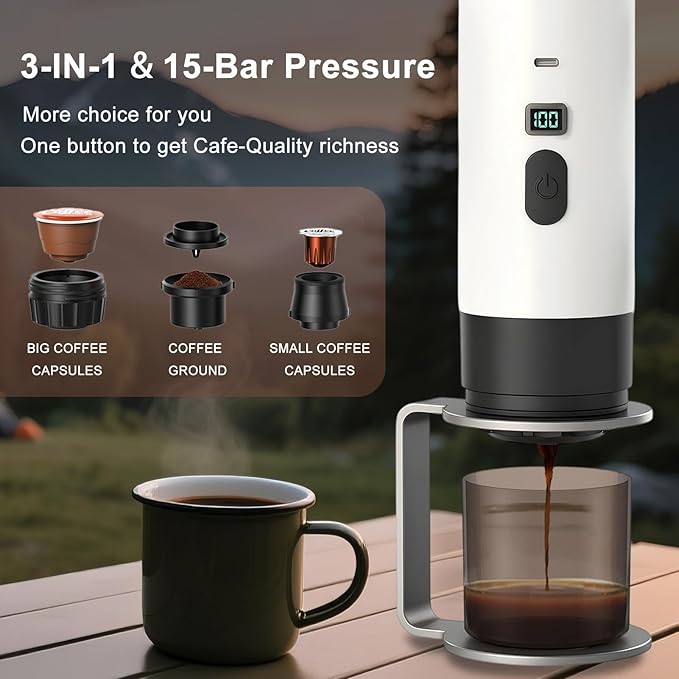 Portable Espresso Maker, Hands-Free Travel Coffee Makers for Camping, Car Self-Heating Espresso Machine with USB-C, With Ground Coffee & NS Capsules for RV/Office/Hiking