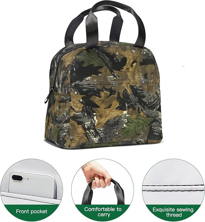 Giwawa Leaf Camouflage Insulated Lunch Bag for Men Women Tree Leaves Camo Reusable Lunch Box Thermal Lunch Cooler Tote Bags with Front Pocket for Kids Boys Girls Office Picnic