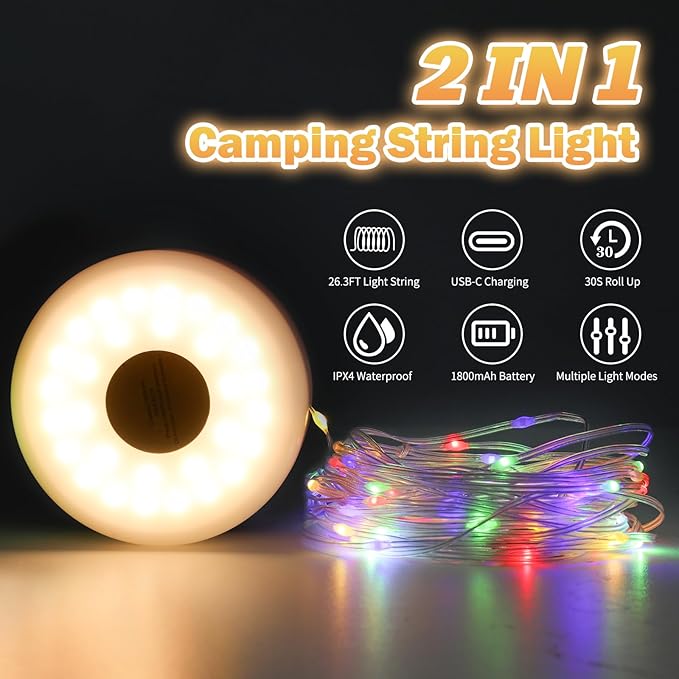 Camping String Lights, 2 in 1 Outdoor Rechargeable LED Fairy Lights With 5 Lighting Modes(26.3ft), Portable IPX4 Waterproof Tent Light for Outdoor Indoor Camping Party RV Decor (Multicolor Light)