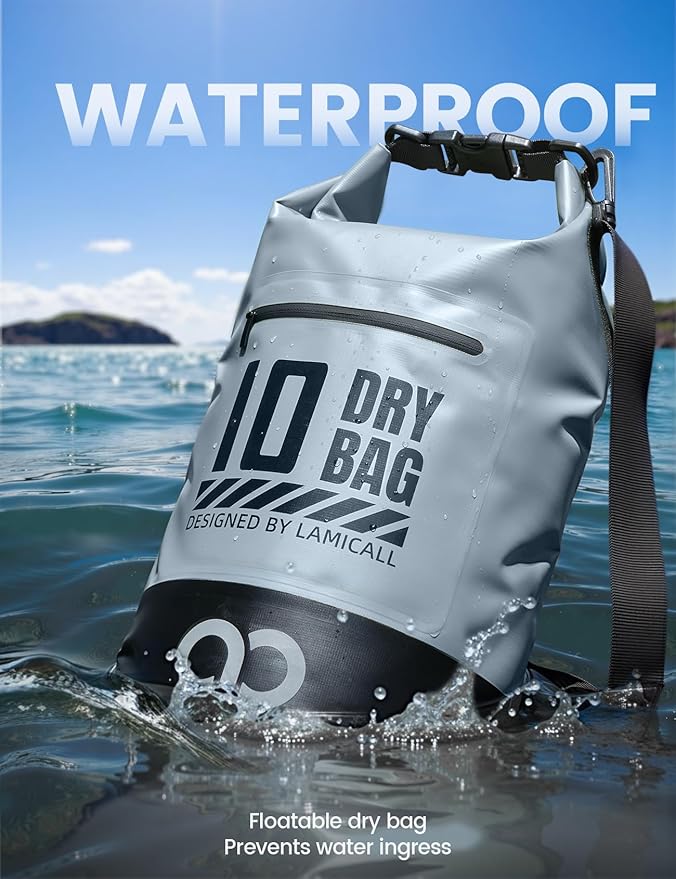 Lamicall Dry Bag Waterproof Backpack - [Zippered Pocket] 10L/20L Roll Top Waterproof Bag with Water proof Phone Case, Floatable Drybag for Swimming, Boating, Kayaking, Camping, Beach
