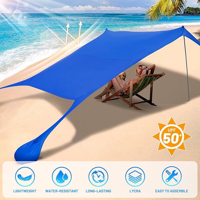 BOTINDO Family Beach Tent Canopy Sun Shade, Pop Up Grande Beach Tent Sun Shelter Stability 4 Poles with Portable Carry Bag Outdoor Shade for Fishing Backyard Camping (Blue, 10x10FT 4Pole)