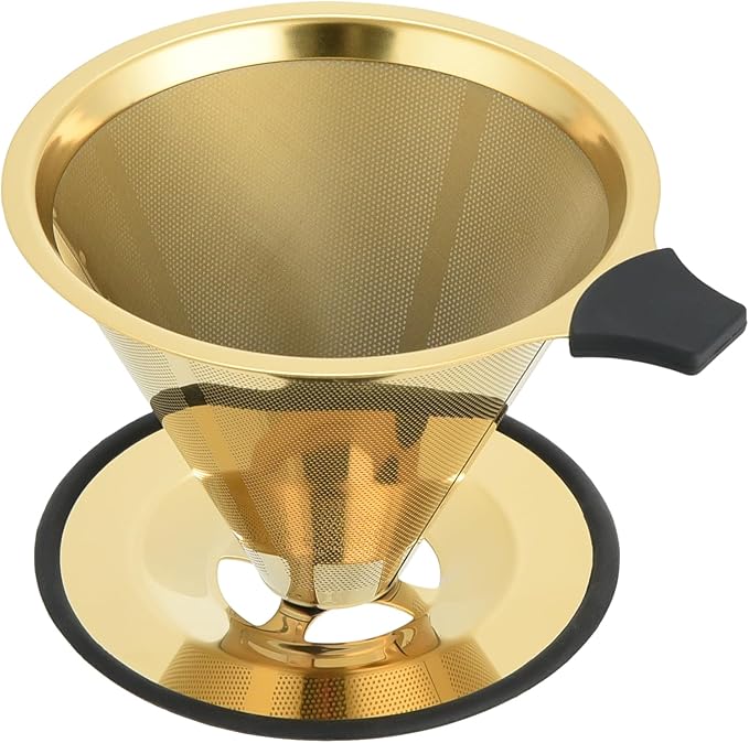 Pour Over Coffee Dripper Filter: Reusable Stainless Steel Coffee Filters - Metal Cone Filter Paperless Single Cup Coffee Maker 1-4 Cup with Double Mesh & Non-slip Cup Stand Gold