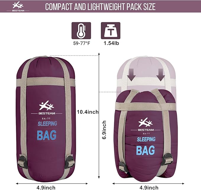 Warm Weather Sleeping Bag - Portable Waterproof Compact Lightweight, Packable for Kids, Teens Adults Camping Backpacking Hiking, Spring Summer Fall