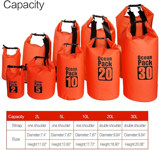 Dry Sack/Floating Waterproof Bag 2L/5L/10L/20L/30L for Boating, Kayaking, Hiking, Snowboarding, Camping, Rafting, Fishing and Backpacking