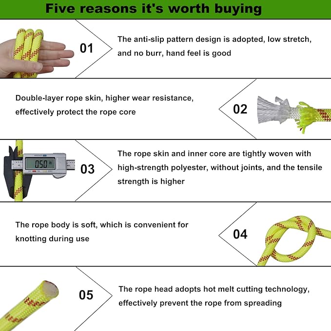 Double Braided Arborist Rope (1/2 in x 100 ft) Polyester Rope Bull Rope 48 Strands for Tree Work Climbing Pulling Swing Sailing, Fluorescent Yellow/Red