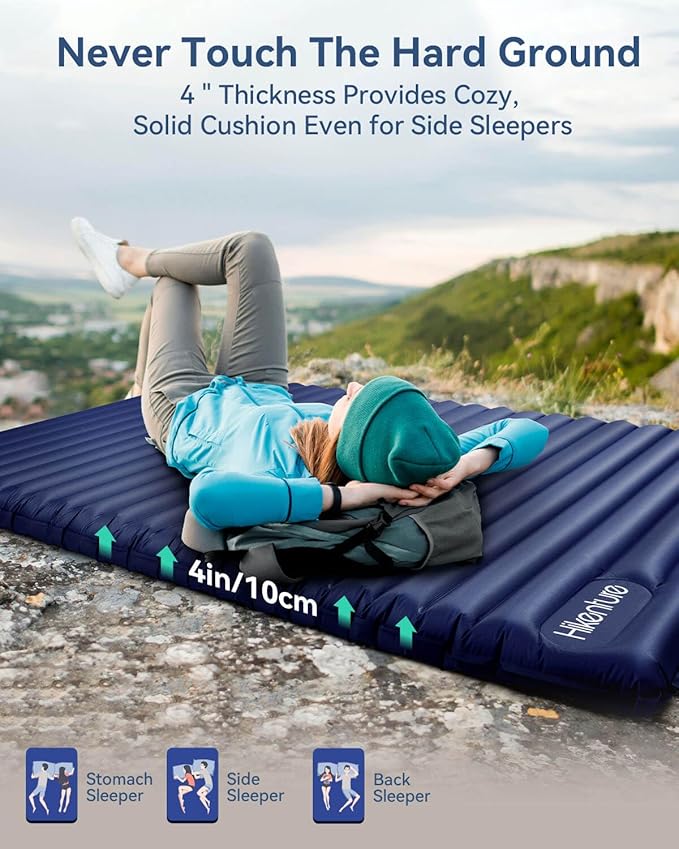Hikenture Double Sleeping Pad for Camping, Ultralight 4" Extra-Thick Camping Mattress 2 Person, Inflatable Backpacking Sleeping Mat, Hiking Air Mattress for Tent (Foot Pump)
