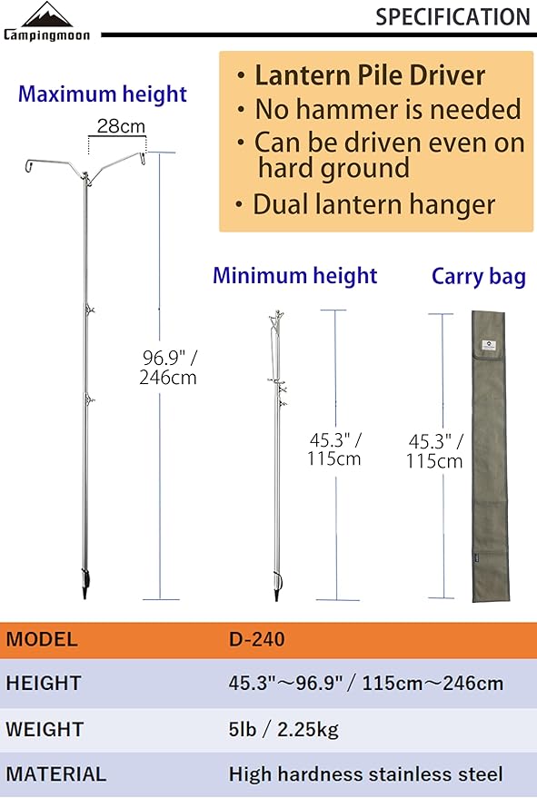 camping moon CAMPINGMOON Heavy Duty Stainless Steel Lantern Pile Driver Height Adjustable with Tripod Stand and Storage Bag D-240, D-243