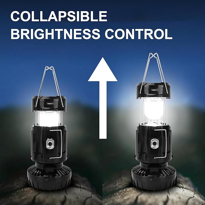 Ultra-Portable Solar&Rechargeable Camping Lantern with Fan,4 in 1 LED Power Outage Light Compact Collapsible Design for Emergency Hurricanes, Hiking, Home, Outdoor ,Survival Kit Essentials Camp Gifts