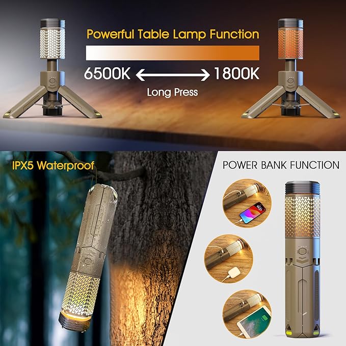Camping-Lights-Rechargeable,Outdoor Telescopic-Collapsible-Lanterns with 2 Light Sources Mobile Lighting 10500mAh Battery Flash Light & Road Lamp for Adventure/Hiking/Camping/Live Streaming(Khaki)